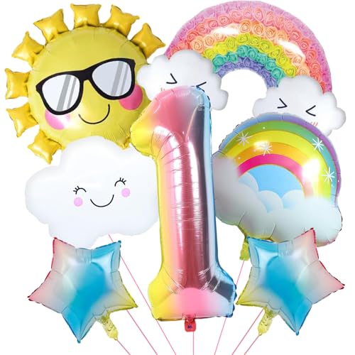 Folienballon Regenbogen, 7 Stücke Luftballons Regenbogen Deko Kindergeburtstag, Sonne Regenbogen Sterne Wolken Luftballons Mädchen, Regenbogen Ballon für Geburtstagspartys Dekorationen (1 Jahre) von YUNHENTONG