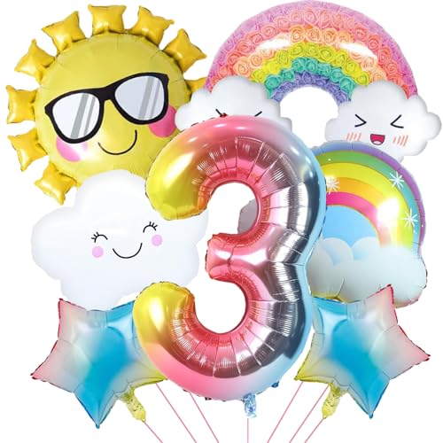 Folienballon Regenbogen, 7 Stücke Luftballons Regenbogen Deko Kindergeburtstag, Sonne Regenbogen Sterne Wolken Luftballons Mädchen, Regenbogen Ballon für Geburtstagspartys Dekorationen (3 Jahre) von YUNHENTONG