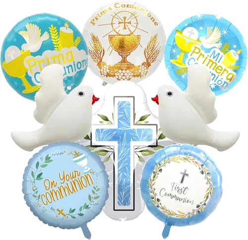 Luftballons Kommunion 8 Stück Luftballon Taufe Blau Erstkommunion Luftballon Weiße Tauben Ballon Konfirmation Kreuz Luftballon für Junge,Mädchen,Taufe von YUNHENTONG