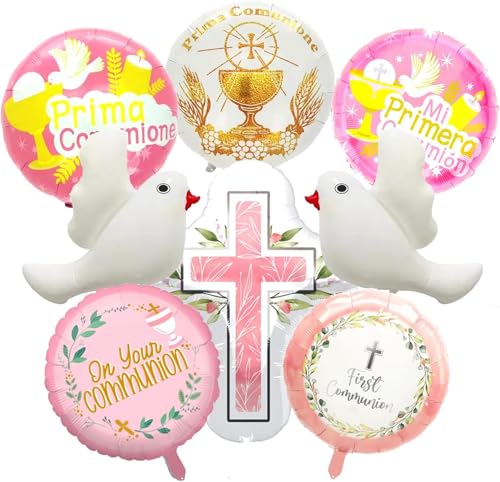 Luftballons Kommunion 8 Stück Luftballon Taufe Rosa Erstkommunion Luftballon Weiße Tauben Ballon Konfirmation Kreuz Luftballon für Junge,Mädchen,Taufe von YUNHENTONG