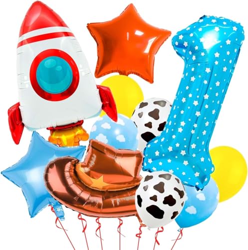 11 Stück Luftballons 1. Geburtstag Junge Set Blau Folienballons 1 Cowboy Rakete Folienballon Stern Geburtstag Junge Deko Milchkuh Wolke Ballon 1 Jahr Geburtstagsdeko von YUNHENTONG