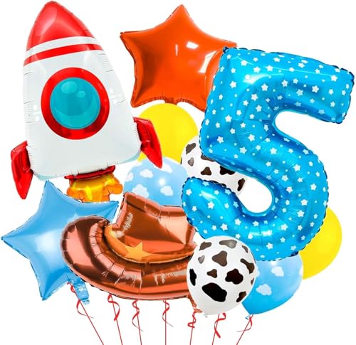 11 Stück Geburtstagsdeko Jungen 5 Jahre Folienballon 5 Blau Cowboy Rakete Folienballon Stern Luftballon 5 Geburtstag Deko Junge Milchkuh Wolke Ballon Kindergeburtstag Deko von YUNHENTONG