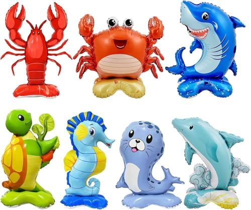 Meerestiere Folienballons 7 Stück 3D Stehender Unterwasserwelt Luftballons Delfin Shark Krabben Seepferdchen Seehund Schildkröte Folienballon für Unterwasser Geburtstag Deko, Ozean Thema Party von YUNHENTONG