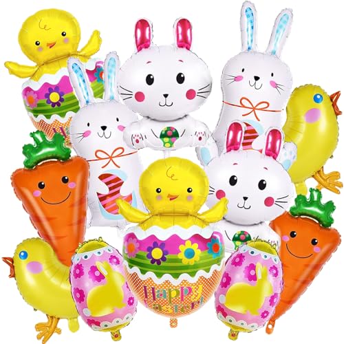 Ostern Luftballons 12 Stück Hase Folienballon Osterballons Osterei Luftballons Karotte Küken Folienballon Happy Easter Ballons Osterdeko Set Hasen Deko Ostern von YUNHENTONG