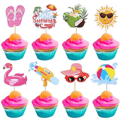 Sommer Cupcake Topper, 32 Stück Pool Strand Tortendeko, Sommer Cake Topper Voller Energie Torten Topper Muffins Deko Kuchendeko Geburtstag für Sommerstrand Thema Partyzubehör (D) von YUNHENTONG