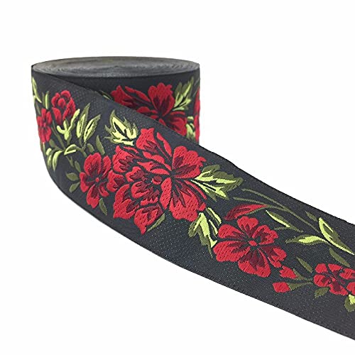 Geschenkband Ribbon Band Schleifenband Bänder Zum Basteln Rose Hohe Qualität Gewebtes Jacquard-Band Schwarzer Hintergrund Rotes Und Grünes Blumenmuster 5 Cm 10 Yards Pro Los Ethnisches Spitzenband50MM von YUNHOME