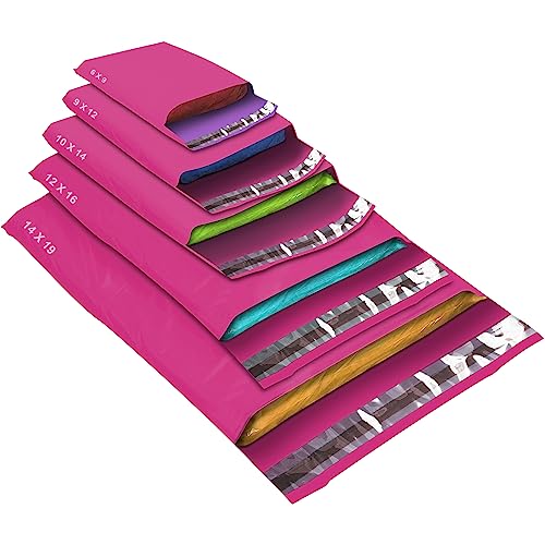 Versandtaschen in verschiedenen Größen, Pink, 5 Größen, selbstklebend, stark, wasserdicht, Poly-Kunststoff, für Pakete, Verpackungen, klein, mittel, groß, 50 Stück von YUNJU