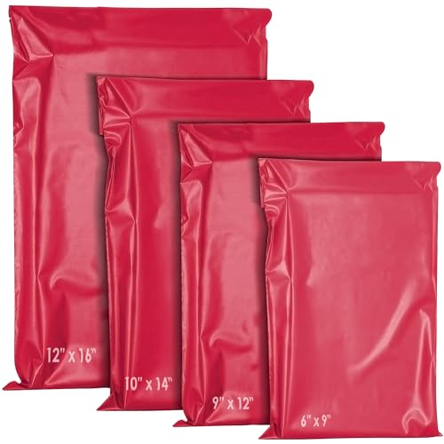 YUNJU 60 gemischte Versandtaschen aus Kunststoff, selbstverschließend, für Kleidung, Post, Verpackung, Versandtaschen, gehärtet, sichere mittelgroße Versandtaschen, verschiedene Größen, Rot von YUNJU