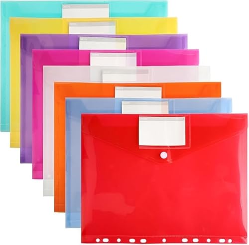 YUNPYCHY A4 Dokumententasche 8 Stück, Dokumentenmappe 31x24cm in 8 Farben, Wasserdichte Sichttaschen mit Klettverschluss & Etikettentasche, Dokumente Ordnen für Schule, Büro & Zuhause von YUNPYCHY