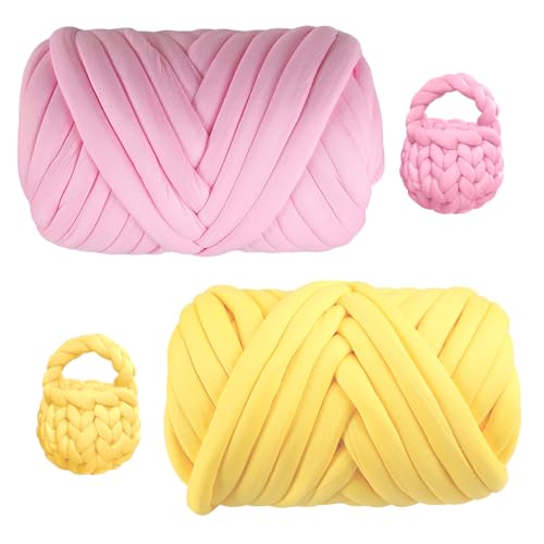 2 Stück Armstricken Wolle, 25mm Chunky Wolle zum Handstricken, 250g/12,5m pro Rolle, Sperrige Garn Strickwolle, Grobe Isländische Wolle, Für Taschen, Rucksack,DIY Kunsthandwerk(Rosa, Gelb) von YUNXCNA