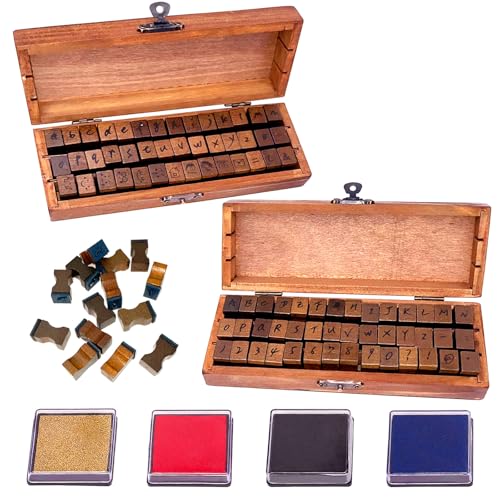 Buchstaben Stempel, 1 Satz mit 2 Briefmarken, insgesamt 84, Holzstempel mit Buchstaben, Zahlen, Symbolen und Ausdrücken, Alphabetstempel mit Holzetui und Stempelkissen, Für Briefköpfe von YUNXCNA