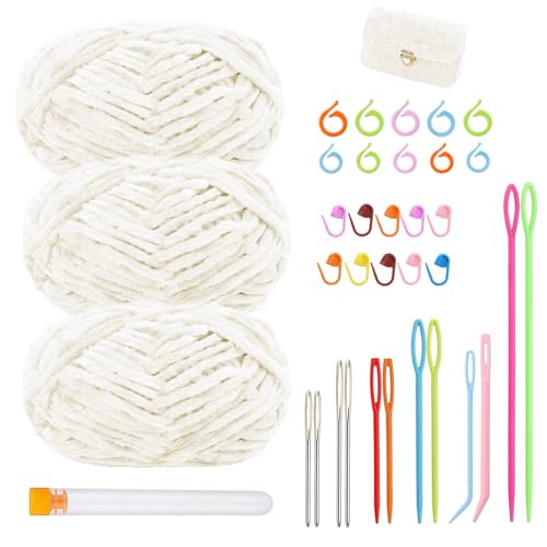 Chenille Garn, Häkelgarn, Chenille zum Häkeln, Garn zum Stricken und Häkeln mit Nadeln, 3 Knäuel, mit Markierungsclip, Lochstichnadel, Handgestricktes Geschenk, für Kissenbezüge, Puppen(Milchweiß) Chenille Garn, Häkelgarn, Chenille zum Häkeln, Garn zum Stricken und Häkeln mit Nadeln, 3 Knäuel, mit Markierungsclip, Lochstichnadel, Handgestricktes Geschenk, für Kissenbezüge, Puppen(Milchweiß) von YUNXCNA