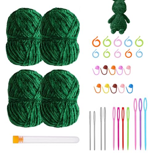 Chenille Garn, Häkelgarn, Chenille zum Häkeln, Garn zum Stricken und Häkeln mit Nadeln, 4 Knäuel, mit Markierungsclip, Lochstichnadel, Häkelsring, DIY Strickset, für Teppiche, Handtaschen(Grün) Chenille Garn, Häkelgarn, Chenille zum Häkeln, Garn zum Stricken und Häkeln mit Nadeln, 4 Knäuel, mit Markierungsclip, Lochstichnadel, Häkelsring, DIY Strickset, für Teppiche, Handtaschen(Grün) von YUNXCNA