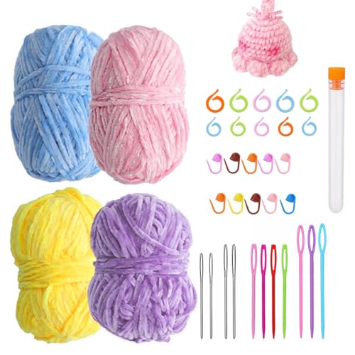 Chenille Garn, Häkelgarn, Chenille zum Häkeln, Garn zum Stricken und Häkeln mit Nadeln, 4 Knäuel, mit Markierungsclip, Lochstichnadel, Häkelsring, Strickgarn, Handstricken, für Taschen, Pullover(Bunt) Chenille Garn, Häkelgarn, Chenille zum Häkeln, Garn zum Stricken und Häkeln mit Nadeln, 4 Knäuel, mit Markierungsclip, Lochstichnadel, Häkelsring, Strickgarn, Handstricken, für Taschen, Pullover(Bunt) von YUNXCNA