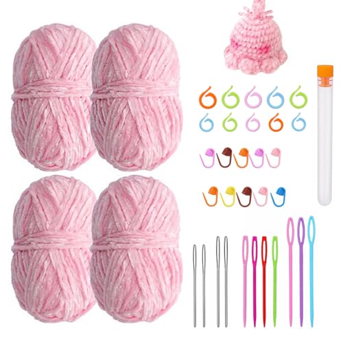 Chenille Garn, Häkelgarn, Chenille zum Häkeln, Garn zum Stricken und Häkeln mit Nadeln, 4 x 100 g, 4 Knäuel, mit Markierungsclip, Lochstichnadel, Häkelsring, Strickgarn, für Kleidung, Decken(Pink) Chenille Garn, Häkelgarn, Chenille zum Häkeln, Garn zum Stricken und Häkeln mit Nadeln, 4 x 100 g, 4 Knäuel, mit Markierungsclip, Lochstichnadel, Häkelsring, Strickgarn, für Kleidung, Decken(Pink) von YUNXCNA