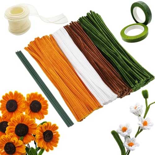 YUNYAKARSA 300 Stück Pfeifenreiniger Blumen Set, Pfeifenputzer zum Basteln, 4 Farben Pipe Cleaner, Pfeifenreiniger zum Basteln mit 20 Grün Basteldraht, Geschenkband, Floristenband, Sonnenblumen von YUNYAKARSA