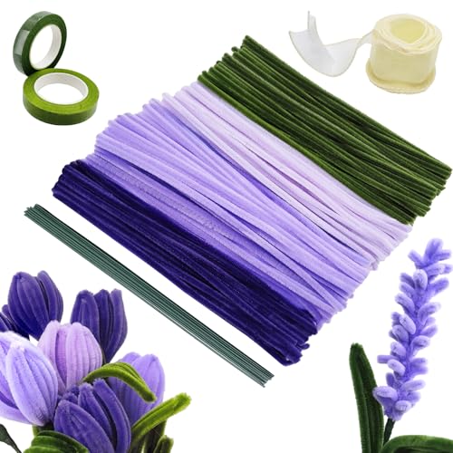 YUNYAKARSA 300 Stück Pfeifenreiniger Blumen Set, Pfeifenputzer zum Basteln, 4 Farben Pipe Cleaner, Pfeifenreiniger zum Basteln mit 20 Grün Basteldraht, Geschenkband, Floristenband, Violett YUNYAKARSA 300 Stück Pfeifenreiniger Blumen Set, Pfeifenputzer zum Basteln, 4 Farben Pipe Cleaner, Pfeifenreiniger zum Basteln mit 20 Grün Basteldraht, Geschenkband, Floristenband, Violett von YUNYAKARSA