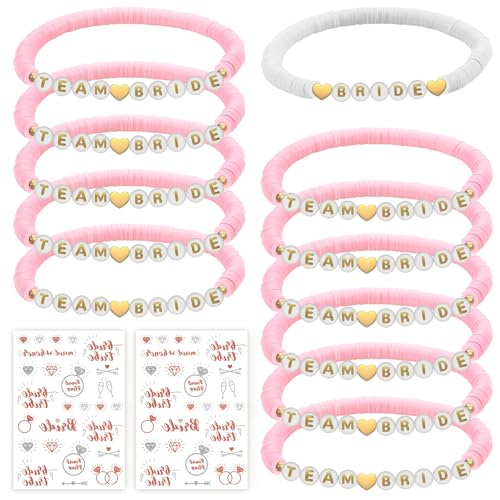 YUNYAKARSA JGA Accessoires Frauen für Junggesellenabschied Frauen, 12 Stück Team Bride Armbänder + 2 Stück Aufkleber, Team Braut Armbänder für JGA Deko Bride to Be Deko(Rosa) von YUNYAKARSA