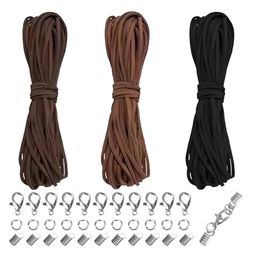 YUNYU 3 Farben Leder Halskette Schnur Kit - 30m Lederschnur mit 100 Verschlüssen & Enden für DIY Armband Schmuckherstellung (Schwarz, Dunkelbraun, Mittelbraun) von YUNYU