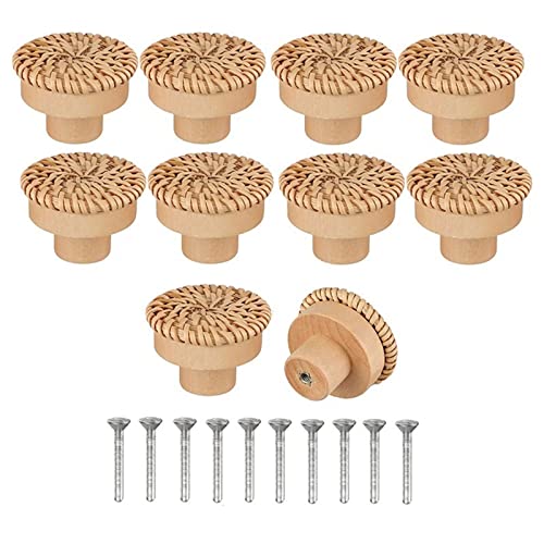 YUOIUX 10 Stück Naturholz-Kommodenknauf, Rattan-Schranktürgriff, rund, Schrankgriff, Einzelloch, Möbelgriff von YUOIUX