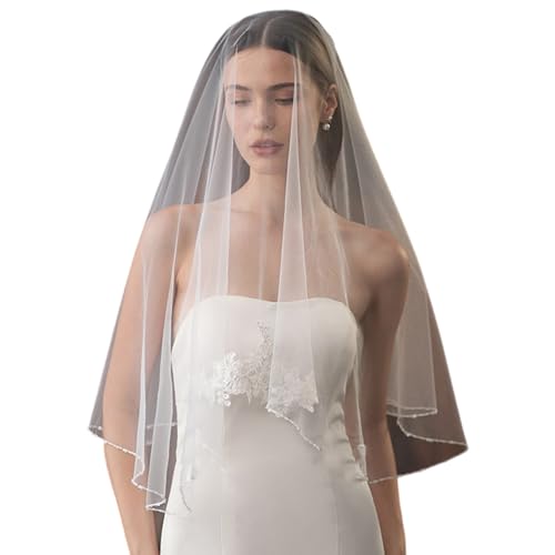 YUPEIUKLI Wunderschöner weißer Hochzeitsschleier mit Perlen, romantischer Brautschleier, atmungsaktiver Schleier für Hochzeitskleid-Accessoire von YUPEIUKLI