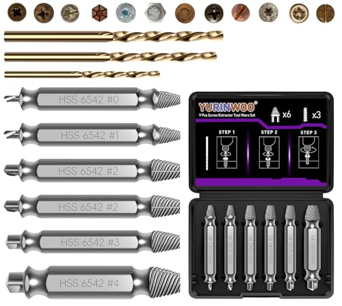 Schraubenausdreher Set 9 Stück, Hergestellt aus HSS 6542, Härtegrad HRC 63-65, Linksausdreher Set mit 3 Spiralbohrer, Schrauben Ausdrehwerkzeug, Zum Bohren und Entfernen beschädigter Schrauben von YURINWOO