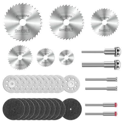 Trennscheiben Set für Rotationswerkzeug Zubehör, Mini Hochgeschwindigkeitsstahl Kreissägeblätter Diamant Harz Trennscheiben mit 1/8" Schaft für Holz Glas Kunststoff Stein Metall von YURINWOO