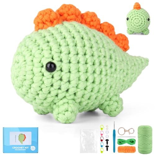YURROAD Häkelset mit Video Häkel Tiere Set für Kinder Erwachsene Anfänger, Kein Garnspalten Garn und Häkelnadel Komplettes Strick, Crochet Kit Animal, Amigurumi für Beginners - Dinosaurier von YURROAD