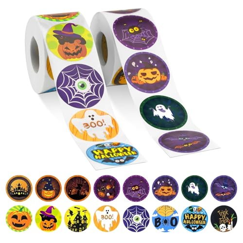Halloween Aufkleber Rolle 1000 PCS Halloween Sticker Set Runde Aufkleber Kinder, Sticker Kürbis Fledermaus Geister für Halloween Party, Geschenk (A) von YUSHWENPTY