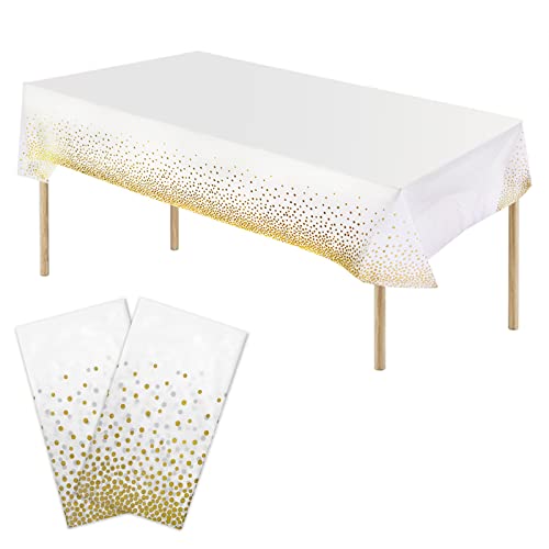 YUTOU 2 Stück Einweg Tischdecke 137×274 cm Plastik Wasserdicht Tischdecken, Rechteckige Tischdekoration, Dot Konfetti Tischdecken, Tischtuch Party Geburtstag Hochzeit Tischdecke (Weiß+Gold Dot) von YUTOU