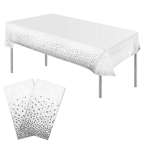 YUTOU 2 Stück Einweg Tischdecke 137×274 cm Plastik Wasserdicht Tischdecken Rechteckige Tischdekoration Dot Konfetti Tischdecken Tischtuch Party Geburtstag Hochzeit Tischdecke (Weiß+Silber Dot) von YUTOU