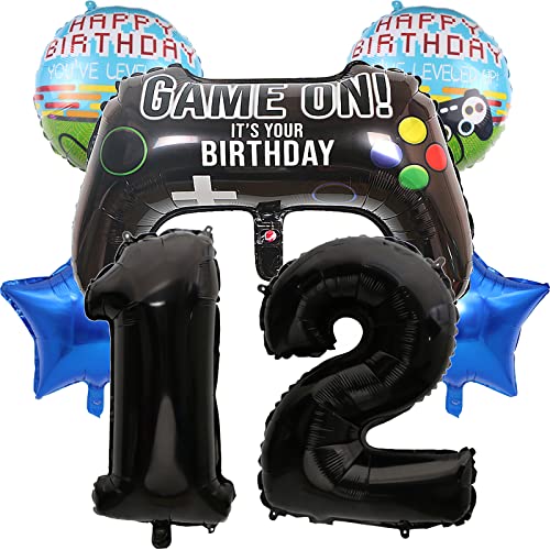 Große Gamer Luftballon Set YUTOU 32" Zahl 12 Zahlen-Ballon Schwarz, 12. Geburtstag Deko für Junge, Birthday Gamepad Folienluftballon, Gamer Ballons für Kinder Videospiel Thema Party Zubehör (Num-12) von YUTOU