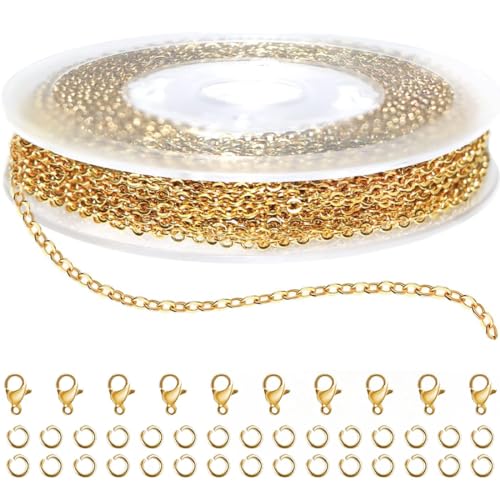 YUUSIKCO 1PCS gliederkette Gold -10 Meter Gold Gliederkette Schmuckherstellung Kette Überzogene Halskette Kabel Metallkette mit 50 Sprung Ringe und 20 Karabinerverschlüsse für Schmuck Herstellung von YUUSIKCO