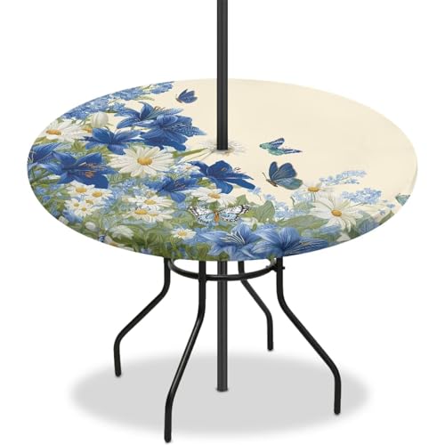 YUVAMAGIMO Daisy Butterfly Outdoor-Tischdecken mit Schirmloch, elastisch, rund, Terrassentischdecken, wasserdicht, winddicht, runde Tischdecke, Outdoor-Möbelschutz für Picknick, Garten von YUVAMAGIMO