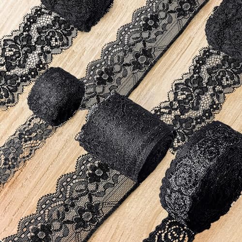 4 Rollen Spitzenbänder Schwarz Spitzenstoff Schwarze Spitzenband schwarz Blumen Spitzenband Strecken Blumen Muster Spitzenband Vintage Spitzen für Geschenkverpackung Valentinstag Basteln Hochzeit von YUWJOOWEE