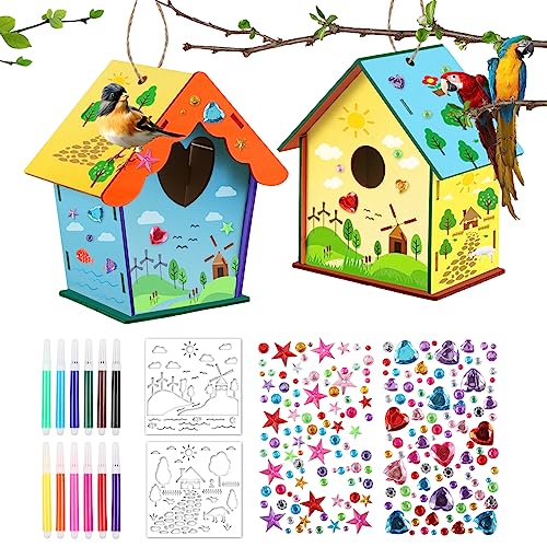 2 Stück DIY Kleine Handgemacht Vogelhaus Holz Kreative Bastelsets, Vogelhaus zum Bemalen,Holz Basteln Kinder, Bastelsets für Kinder, Kreatives für Mädchen, Basteln Geschenk für Jungen und Mädchen von YUWJOOWEE