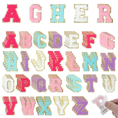 104 Stück Chenille Buchstaben Patches, Selbstklebende Chenille Patches Aufbügler Buchstaben für Kleidung, Varsity Buchstaben Chenille Gestickte Patches für Kleidung, Hüte, Rucksack, Taschen (Weiß/Rose von YUXIANLB