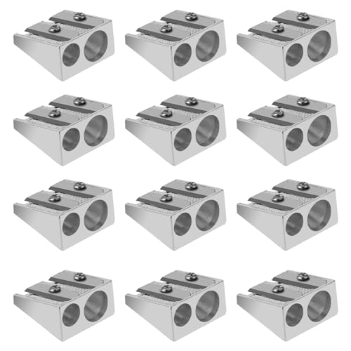 12er Pack Bleistiftspitzer Survival 2 Loch Bleistiftspitzer Aus Metall Manueller Anspitzer Aus Aluminiumlegierung Magnesium Bleistiftspitzer Mit Keilprofil Handgehalten (Silber) von YUXIANLB