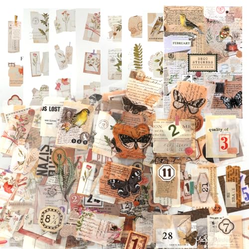 YUXIANLB 120 Stück Vintage Junk Journal Sticker Set Ästhetische Scrapbooking Aufkleber mit Schmetterlingen Blumen Retro Motiven für DIY Projekte Kartenbasteln Tagebücher Papierhandwerk Dekoration von YUXIANLB