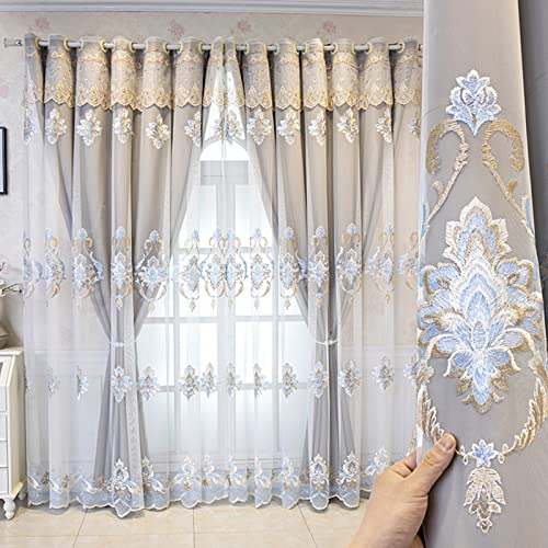 Elegance 2 Schichten Spitzen Stickerei Tüll Verdunkelungsvorhänge,Doppelstöckiger Blickdicht Vorhang mit Voile,Kinder Wohnzimmer Schlafzimmer Deko Wärmeisolierter Double Deck Öse Blackout Gardinen,1 von YUXINCAI