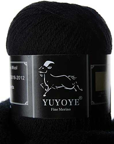 YUYOYE 100% Extrafeine Merinowolle Garn zum Stricken, Häkelgarn Schurwolle Handstrickgarne (02Black-4Pack) von YUYOYE