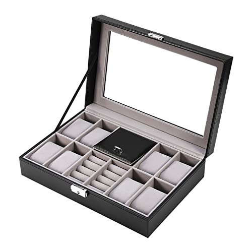 YUYTE Uhrenbox, Uhrenschatulle, Uhren Aufbewahrungsbox, Uhrenkasten, Schmuckschatulle, Multifunktionale 8 + 2 Grids Uhren Aufbewahrungskoffer, Schmucketui Pu Leder(Schwarz) von YUYTE