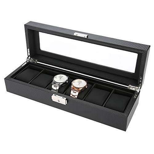 Uhrenbox mit 6 Fächern, 6 Holz Uhrenkasten, Uhrenschachtel Uhrenaufbewahrungsbox, Uhrenkasten mit Glasdeckel & Uhrenkissen, Schmuckschatullen PU Leder für Geschenk für Boyfriend Ehemann(Schwarz) von YUYTE