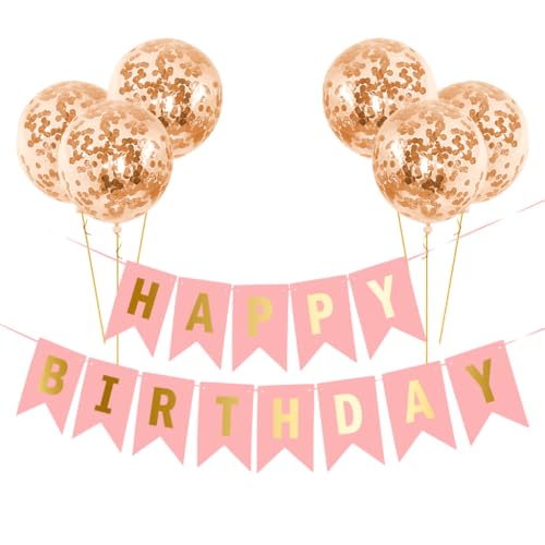 Happy Birthday Banner, Rosegold Geburtstagsdeko Set, 12 Zoll Luftballons Happy Birthday Luftballons mit 1 Bändern für Männer, Frauen, Mädchen und Jungen Geburtstag Party Dekoration (Roségold) von YUYUE-YY