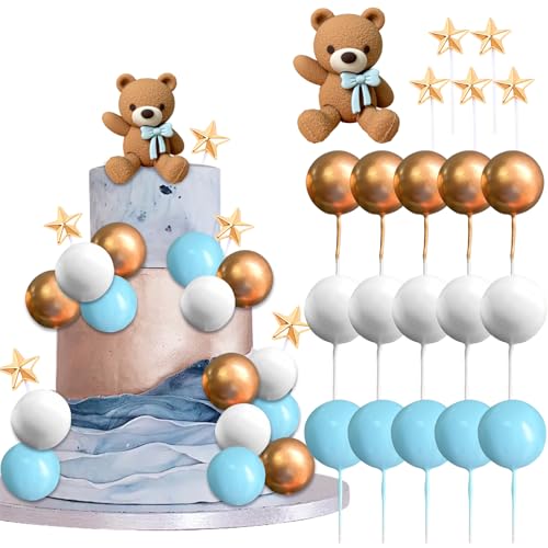 Tortendeko Bär, Cake Topper Geburtstag, 21 Stück Kuchendeko Torten Topper Brauner Bär, Kugeln Deko Torte Niedlich Kuchen Topper Bär für Kinderpartys, Jubiläumsfeiern, Mottopartys (Blau) von YUYWWAN