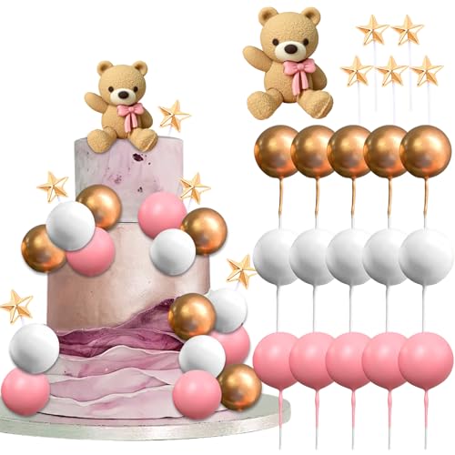 Tortendeko Bär, Cake Topper Geburtstag, 21 Stück Kuchendeko Torten Topper Brauner Bär, Kugeln Deko Torte Niedlich Kuchen Topper Bär für Kinderpartys, Jubiläumsfeiern, Mottopartys (Rosa) von YUYWWAN