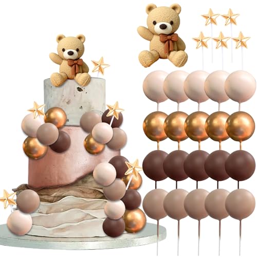 Tortendeko Bär, Cake Topper Geburtstag, 26 Stück Kuchendeko Torten Topper Brauner Bär, Kugeln Deko Torte Niedlich Kuchen Topper Bär für Kinderpartys, Jubiläumsfeiern, Mottopartys (Hellbrauner) von YUYWWAN
