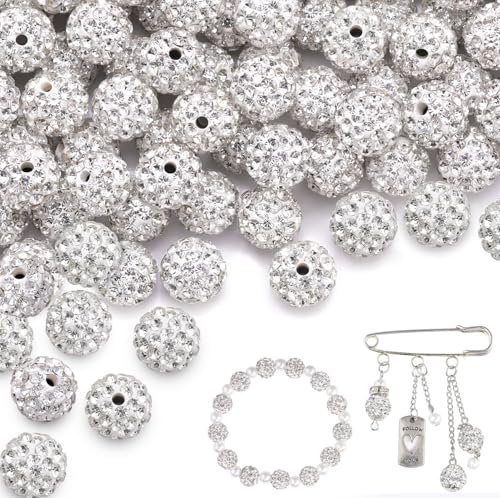 10mm Glitzerperlen zum Auffädeln 100 Disco Ball Perlen zum Auffädeln Geeignet für Armbänder Halsketten Ohrringe Schlüsselanhänger Anstecknadeln Haarschmuck und Andere Schmuckherstellung(Weiß) von YUZHEDM