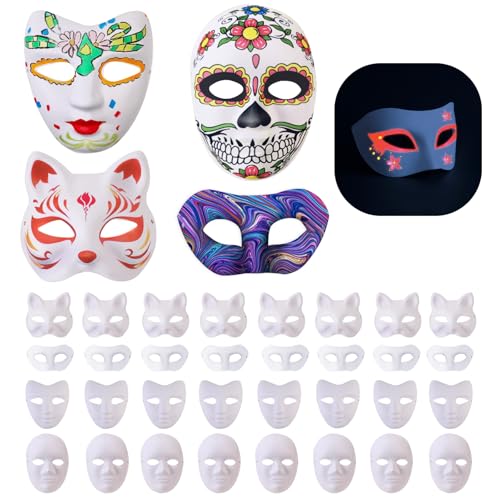 YVDNHP 32 Stück weiße Pappmaché-Masken zum Basteln, 4 Stile, Blanko-Masken zum Bemalen, Maskenball, Cosplay, Tanzparty von YVDNHP