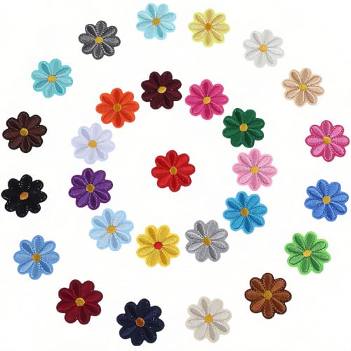 Gänseblümchen-Aufnäher zum Aufbügeln, bestickte Blumenapplikation für Kleidung, Jeans, Jacken, Taschen, niedliches dekoratives Frühlings- und Sommer-Design (4 x 4 cm, 28 Farben) von YVYAVGE